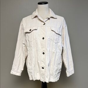 Zara Cream Cotton Denim Jacket Size S Button Front Utility Style